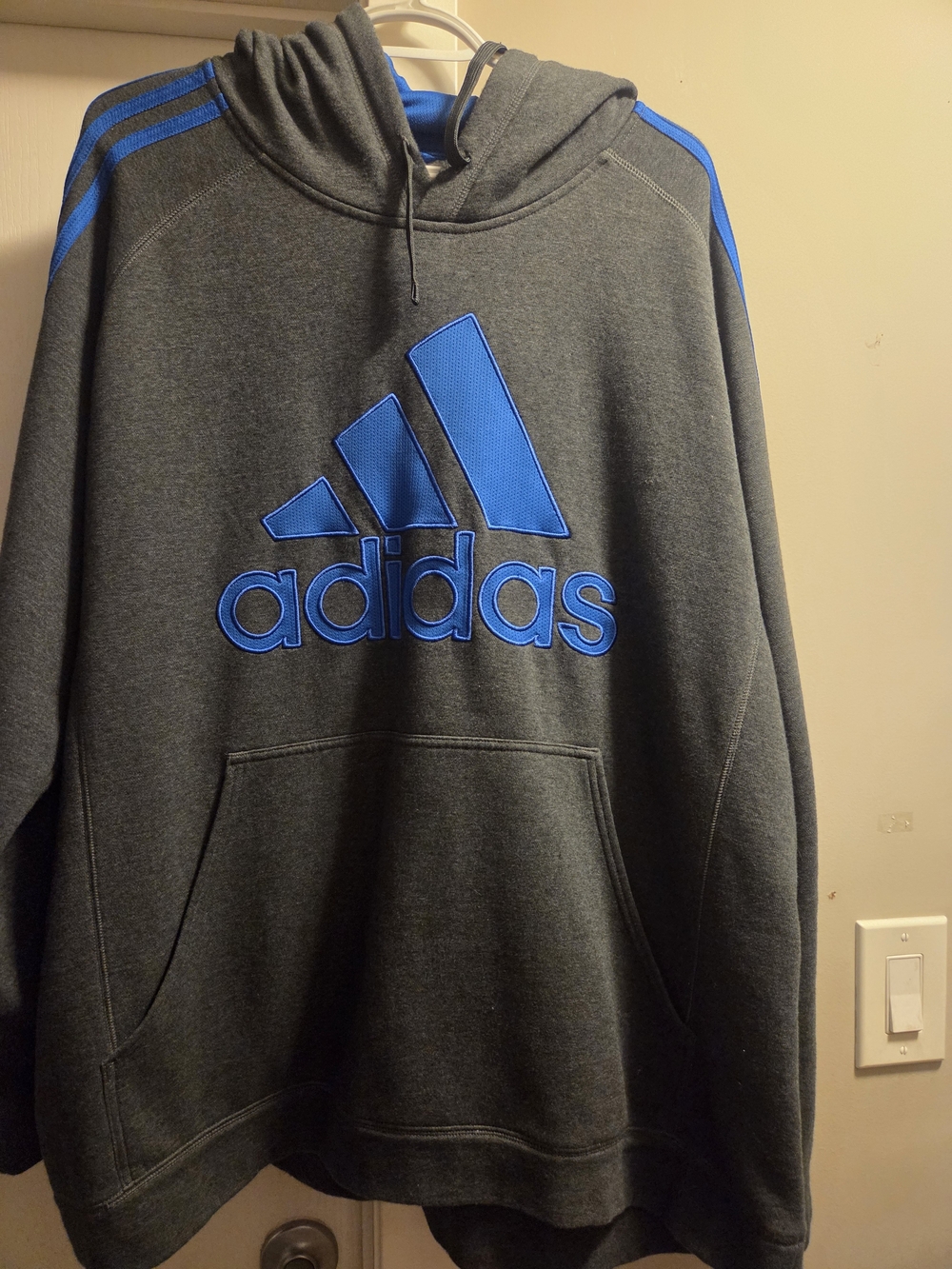adidas Men’s Dark Gray Hoodie with Blue Logo & Stripe Accents